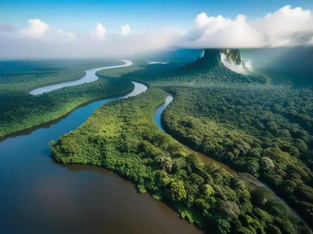 Vista aérea de la exuberante selva amazónica con plantas vibrantes y ríos, bajo el sol