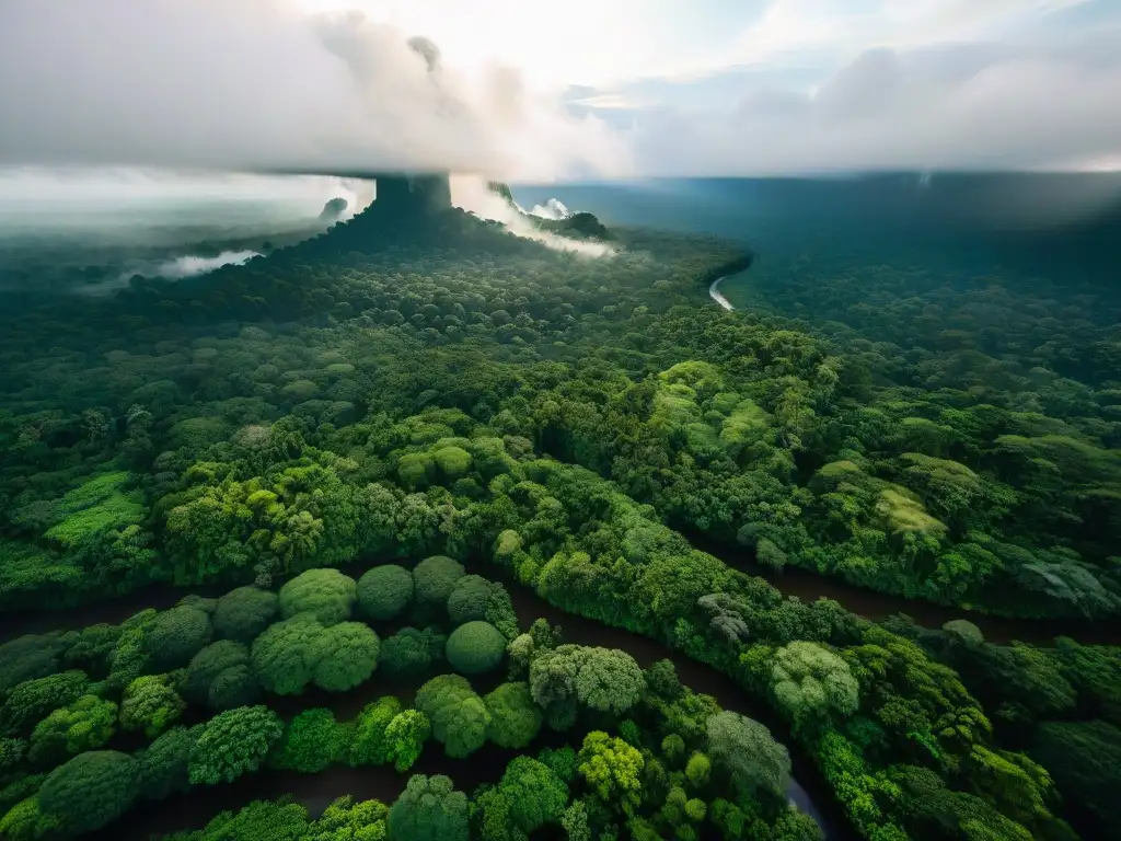 Una vista aérea de la exuberante selva amazónica con ríos serpenteantes, reflejando la luz y sombras en el suelo