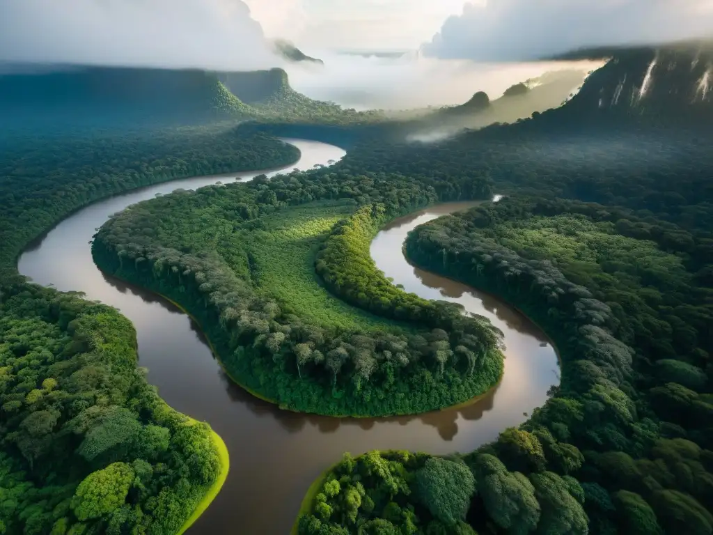 Esplendor verde: Amazonía desde las alturas Una vista aérea fascinante de la selva amazónica, con ríos serpenteantes y una exuberante vegetación