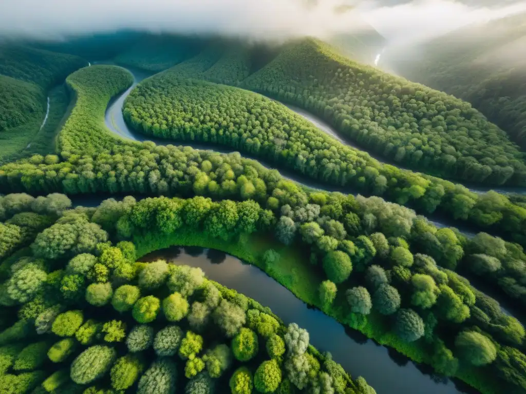 Vista aérea de un frondoso bosque verde con un río serpenteando, capturado por un dron