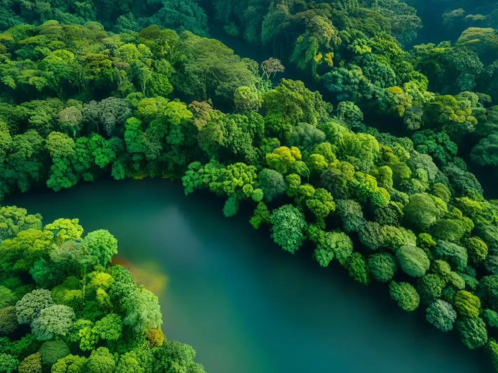 Vista aérea de un frondoso dosel de selva tropical, con biodiversidad y potenciales ingredientes ancestrales para tratamientos modernos