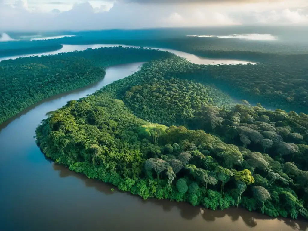 Vista aérea impactante de la Amazonía con ríos serpenteantes y aldea indígena, demostrando la coexistencia humana y natural en la región