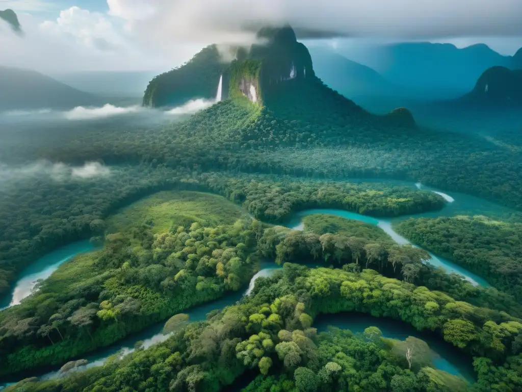 Vista aérea impactante de la exuberante selva, reflejando la rica biodiversidad de los territorios indígenas y el impacto del cambio climático