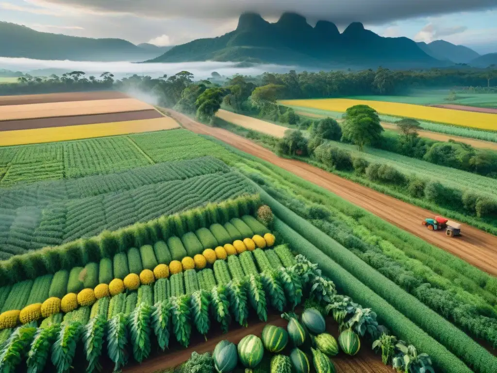 Una vista aérea impresionante de la agricultura tradicional indígena sostenible en armonía con la naturaleza y amenazada por la modernidad