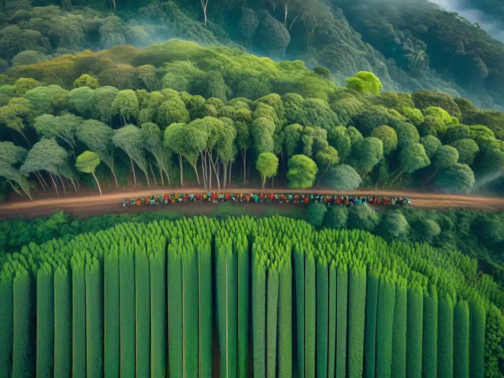 Una vista aérea impresionante de un bosque denso y vasto, donde la comunidad indígena lidera la reforestación