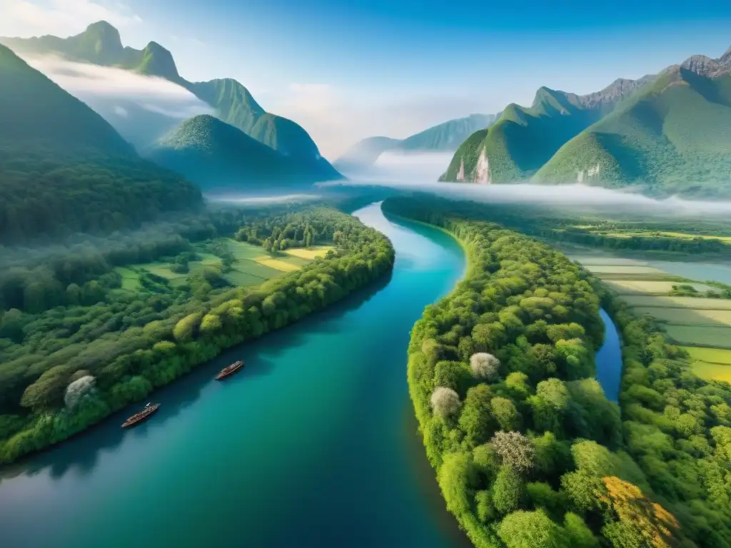 Vista aérea impresionante de un bosque verde exuberante con un río serpenteante, rodeado de montañas bajo un cielo azul claro