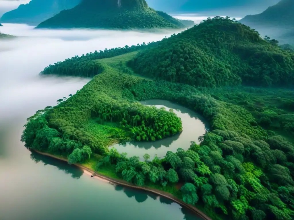 Vista aérea impresionante de bosques verdes con río y comunidades indígenas, resaltando armonía entre personas y tierras ancestrales