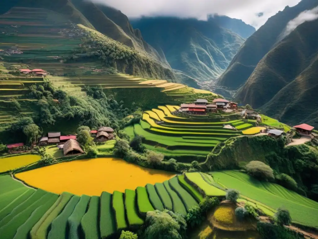 Vista aérea impresionante de comunidad andina entre montañas verdes, casas coloridas y actividades culturales