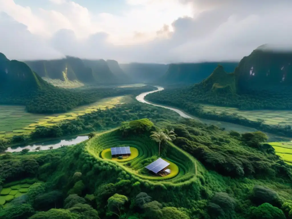 Una vista aérea impresionante de una comunidad indígena en armonía con la naturaleza, mostrando cómo se integra tecnología para prevenir desastres