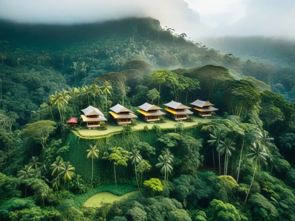 Una vista aérea impresionante de una comunidad indígena en la selva, mostrando arquitectura sostenible integrada con la naturaleza