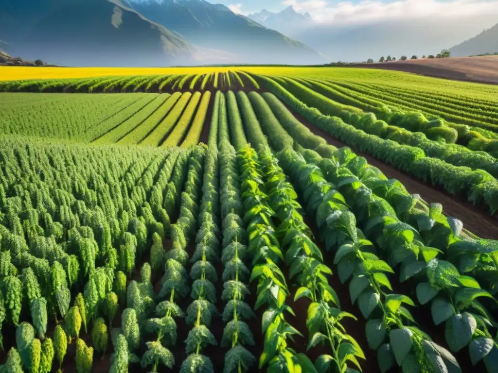 Vista aérea impresionante de cultivo ancestral de quinua en campos vibrantes bajo el sol dorado y majestuosas montañas andinas nevadas al fondo