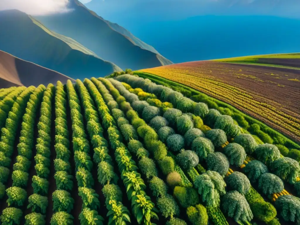 Vista aérea impresionante de los Andes con cultivos de quinua, mostrando su belleza natural