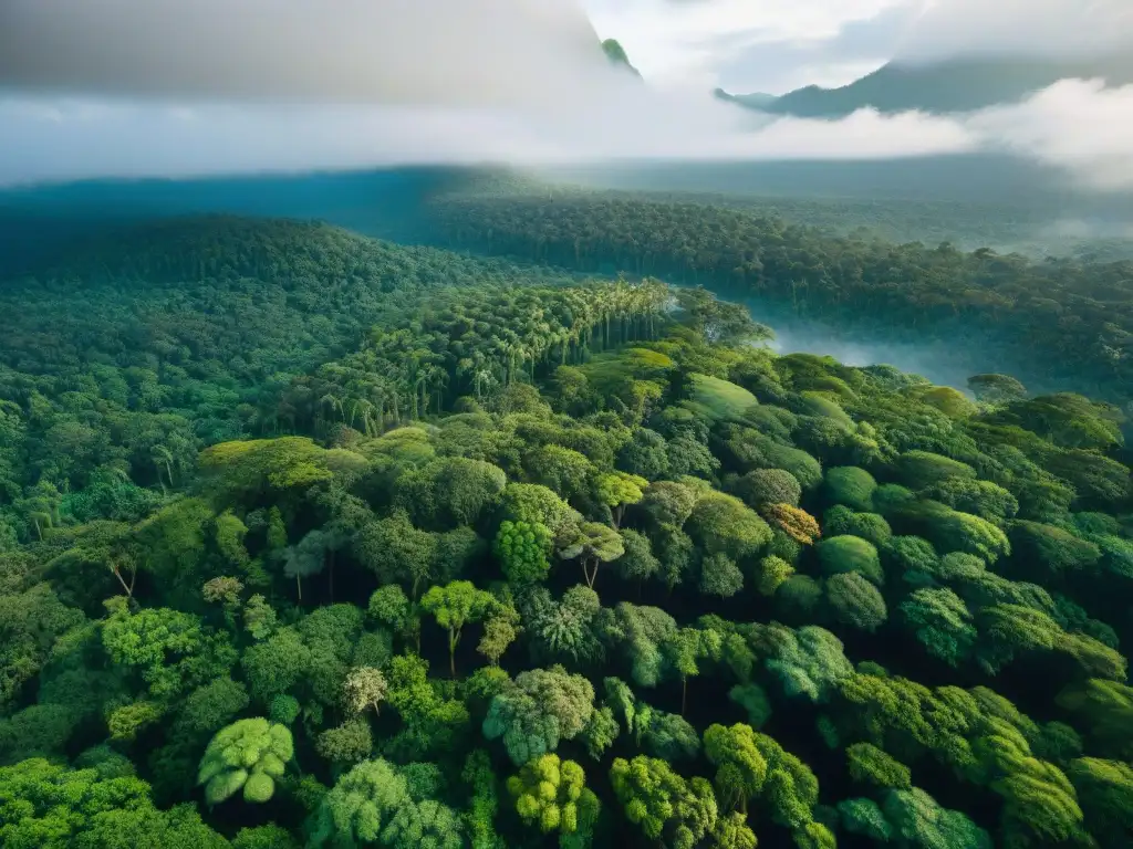 Vista aérea impresionante de un dosel de selva exuberante con árboles verdes vibrantes, comunidad indígena y biodiversidad