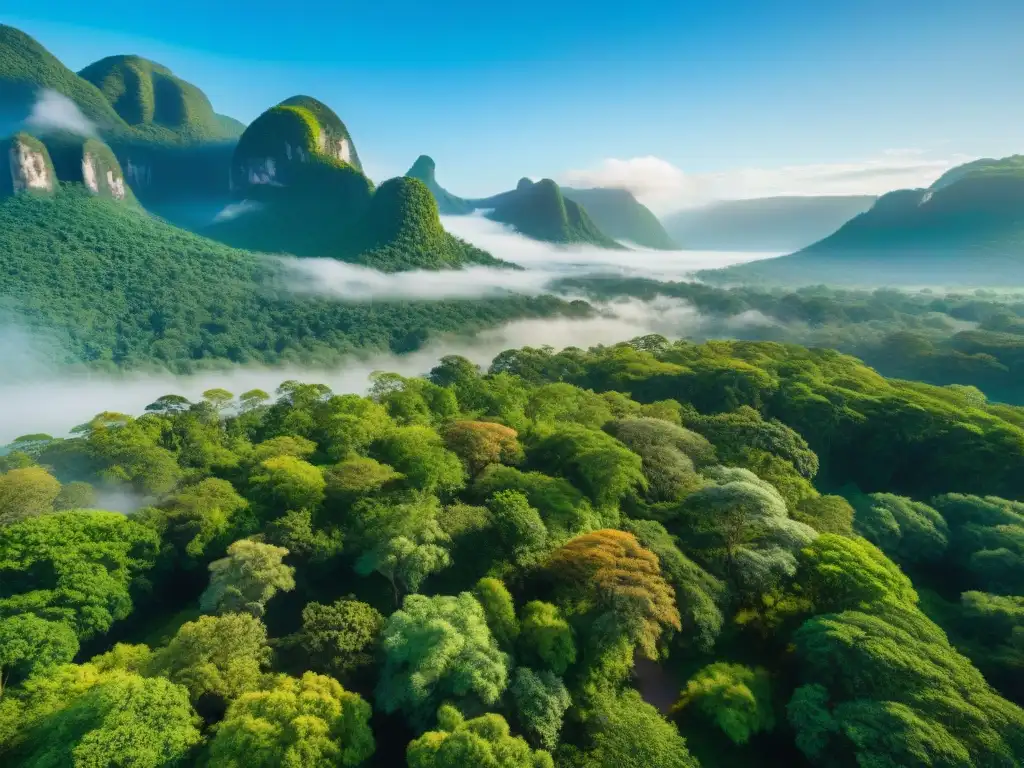 Vista aérea impresionante de un exuberante bosque, ríos y ruinas en territorio indígena