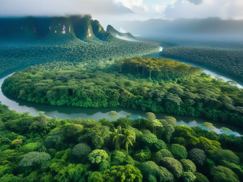 Una vista aérea impresionante de la exuberante selva tropical, con árboles verdes vibrantes y ríos brillantes