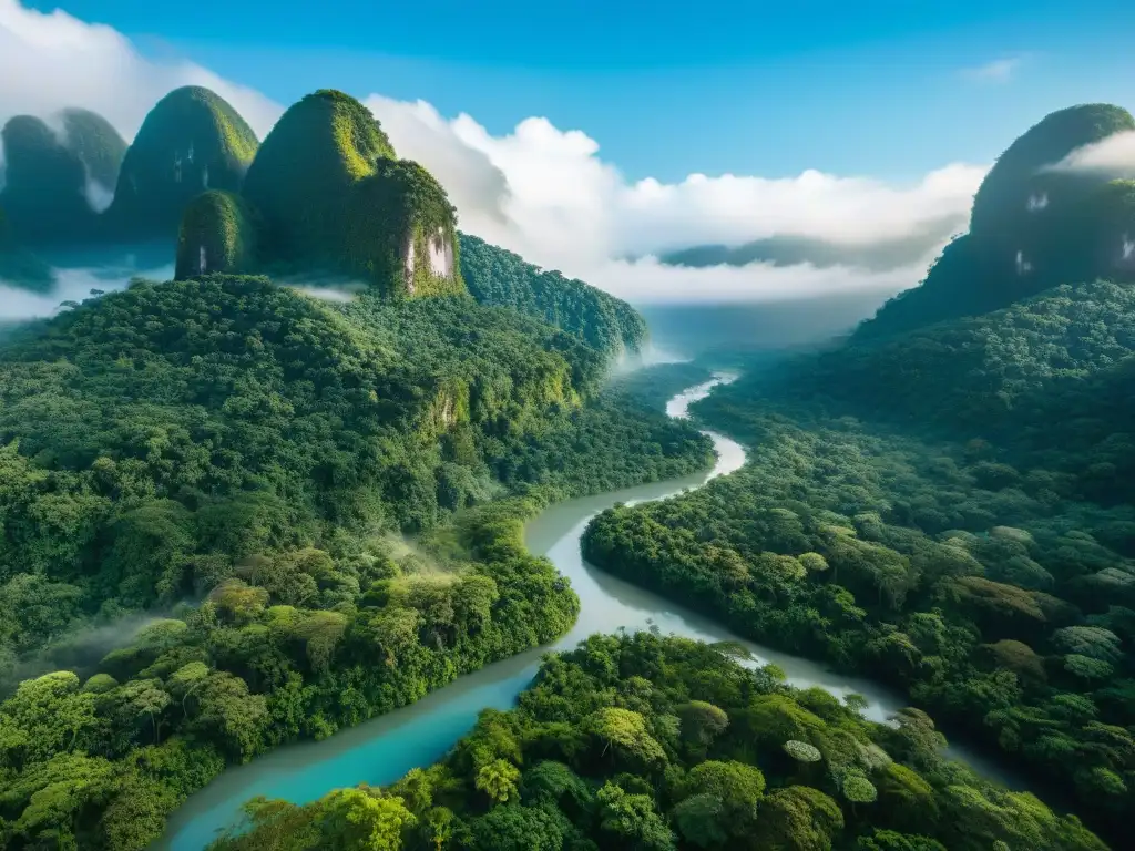 Vista aérea impresionante de un exuberante dosel de selva con un dron capturando la red de vegetación