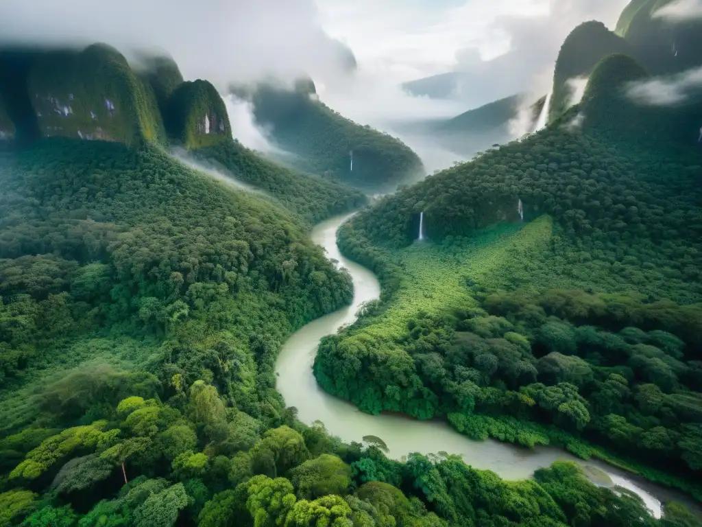 Vista aérea impresionante de un exuberante dosel de selva, donde el verde vibrante de los árboles contrasta con los ríos serpenteantes