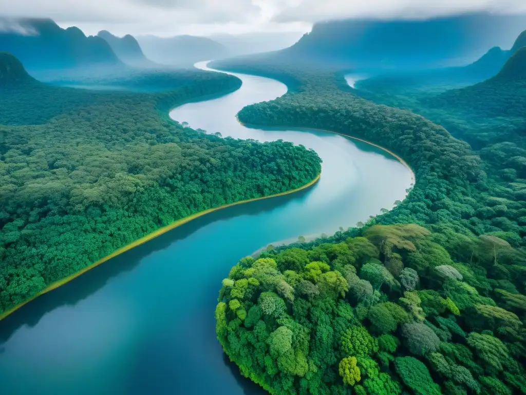 Vista aérea impresionante de un exuberante bosque lluvioso con un río serpenteante, reflejando la gestión territorial indígena ecosistemas