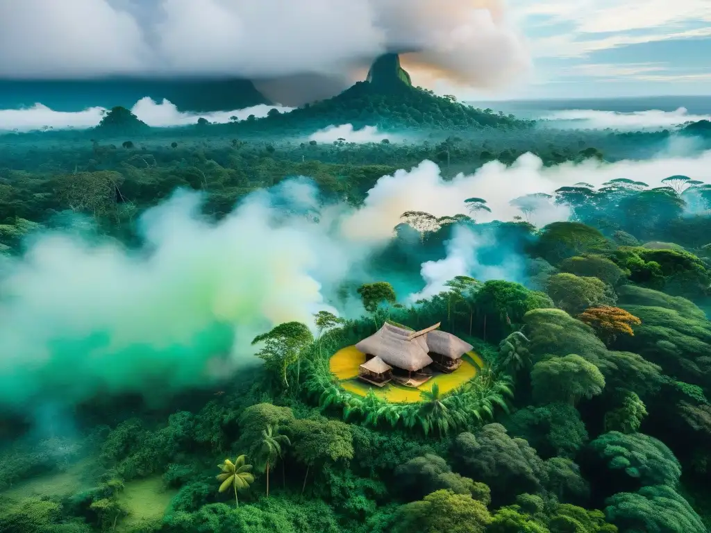 Una vista aérea impresionante de la exuberante selva amazónica con una aldea indígena y la preservación lingüística en cine indígena