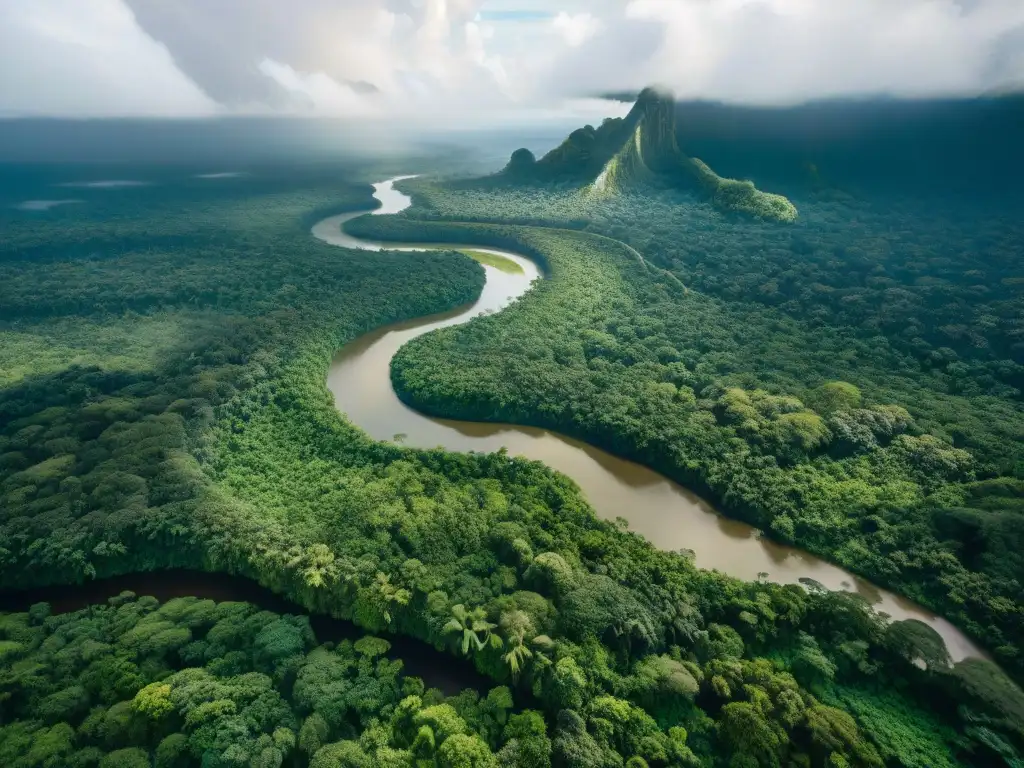 Una vista aérea impresionante de la exuberante selva amazónica, con el río serpenteando entre la vegetación