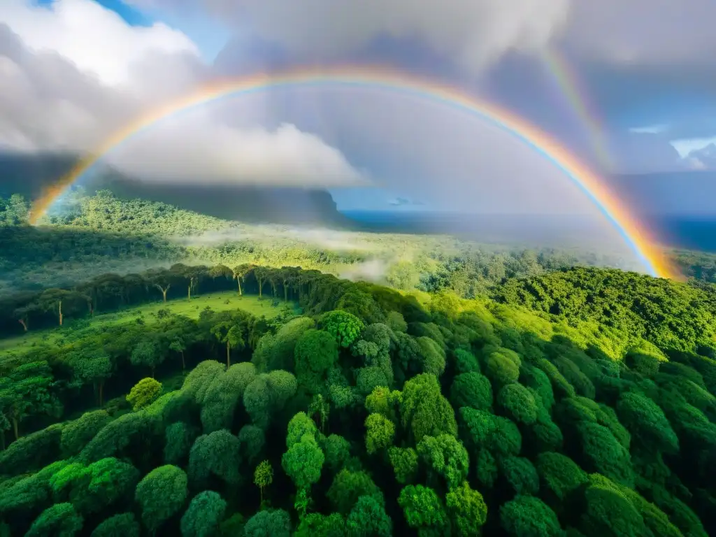 Vista aérea impresionante de una selva verde con un arcoíris, resaltando la preservación cultural indígena ante eventos climáticos