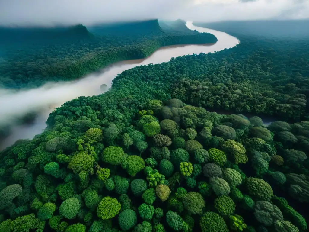 Vista aérea impresionante de la selva amazónica, con ríos serpenteantes y un denso dosel verde