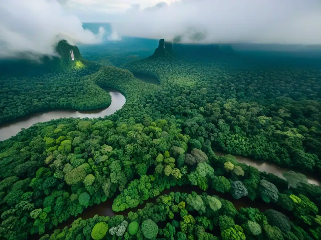 Vista aérea impresionante de la selva amazónica, mostrando exuberante vegetación y ríos serpenteantes