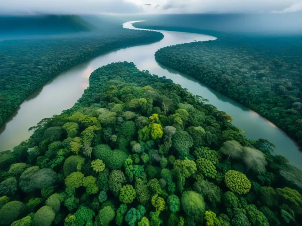 Vista aérea impresionante de la selva amazónica, resaltando su exuberante vegetación y ríos sinuosos