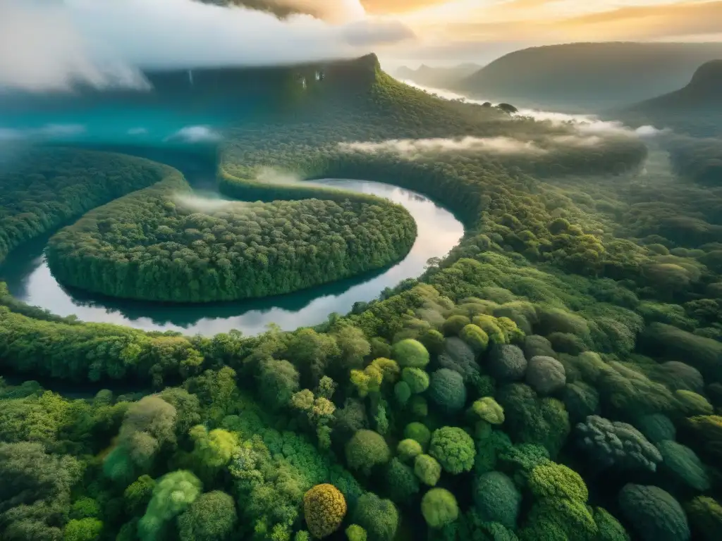 Vista aérea impresionante de selva verde con río serpenteante