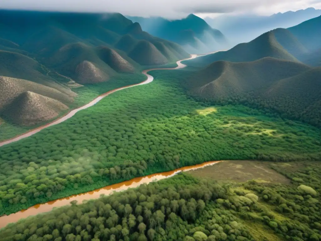 Vista aérea impresionante de la Sierra Tarahumara con Rarámuris trabajando la madera en contraste con la industria maderera