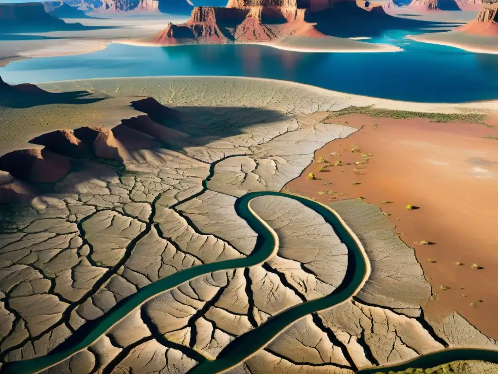 Vista aérea de lecho río seco en reserva Navajo, destaca escasez de agua y resiliencia comunitaria