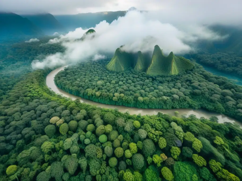 Vista aérea de la geografía oculta de culturas indígenas en la exuberante selva