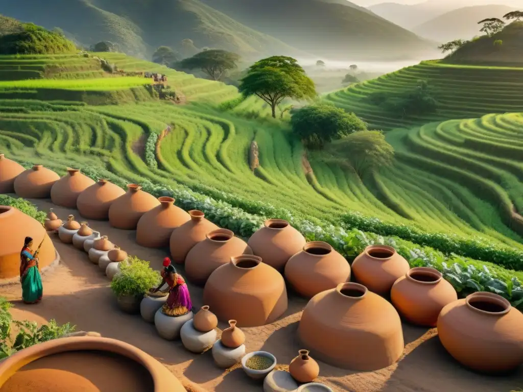 Vista aérea de paisaje verde con mujeres indígenas y ollas de fermentación tradicionales