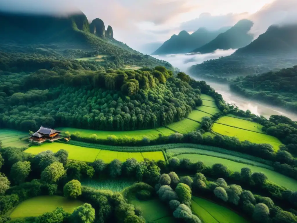 Vista aérea de paisaje verde con río serpenteante, aldea indígena y preservación patrimonio cultural indígena