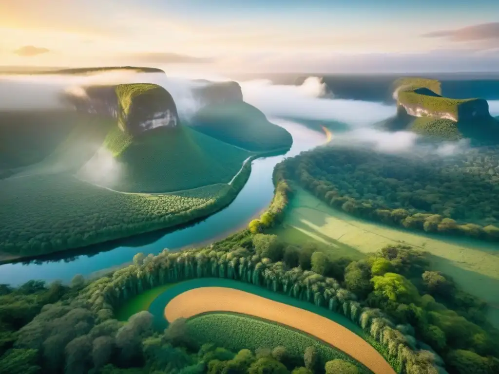 Vista aérea de un paisaje verde con río, sitio sagrado indígena y ceremonia tradicional al atardecer