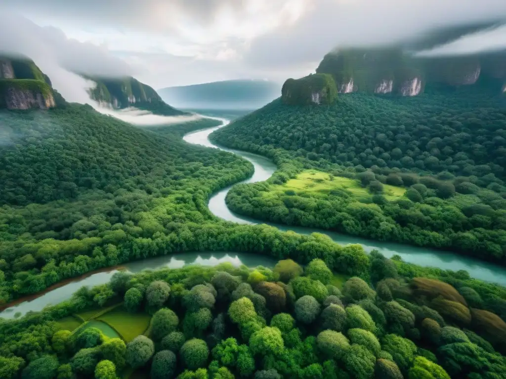 Vista aérea de un paisaje verde con un río y un sitio sagrado indígena, resaltando la protección legal