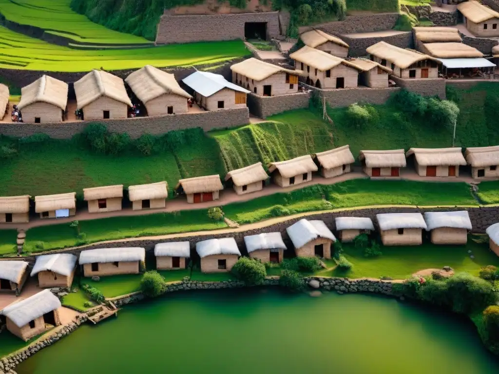 Vista aérea de un pueblo andino tradicional, con casas de adobe, calles empedradas y espacios comunales vibrantes