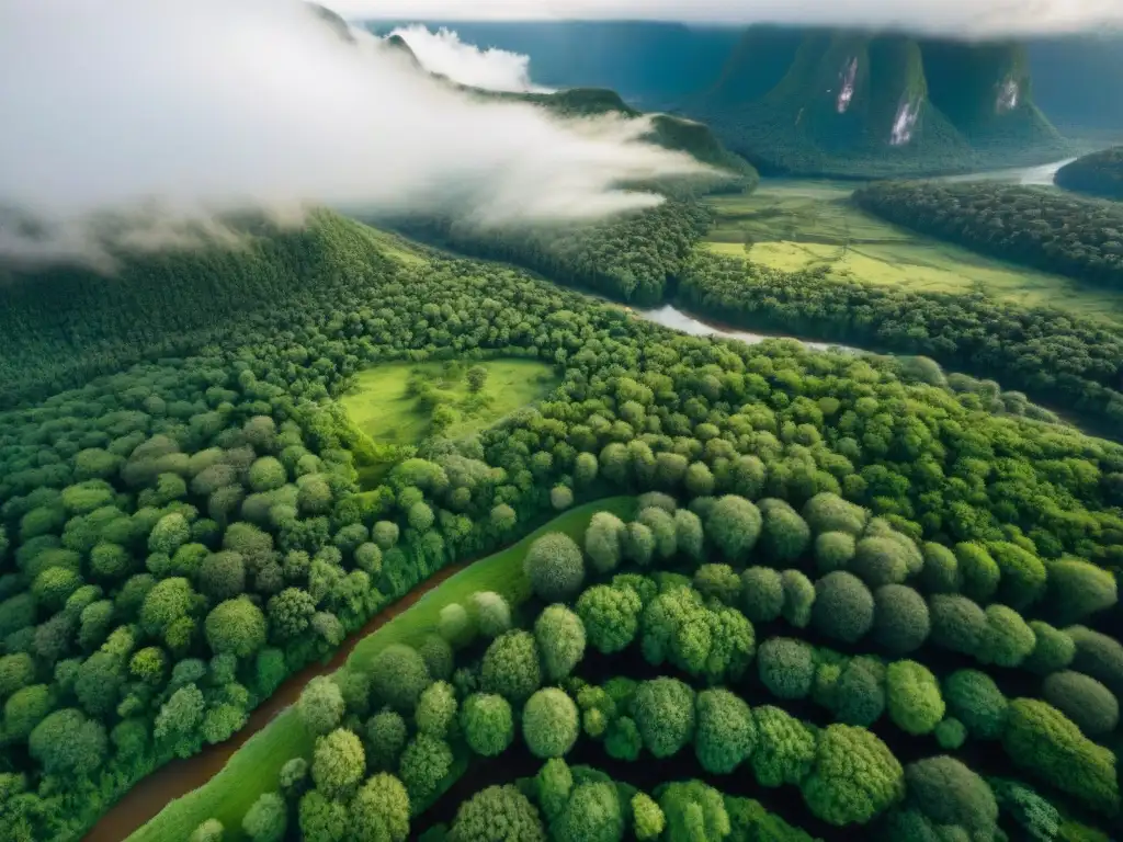 Vista aérea de reconocimiento territorial indígena con drones, exuberante paisaje verde y asentamientos dispersos