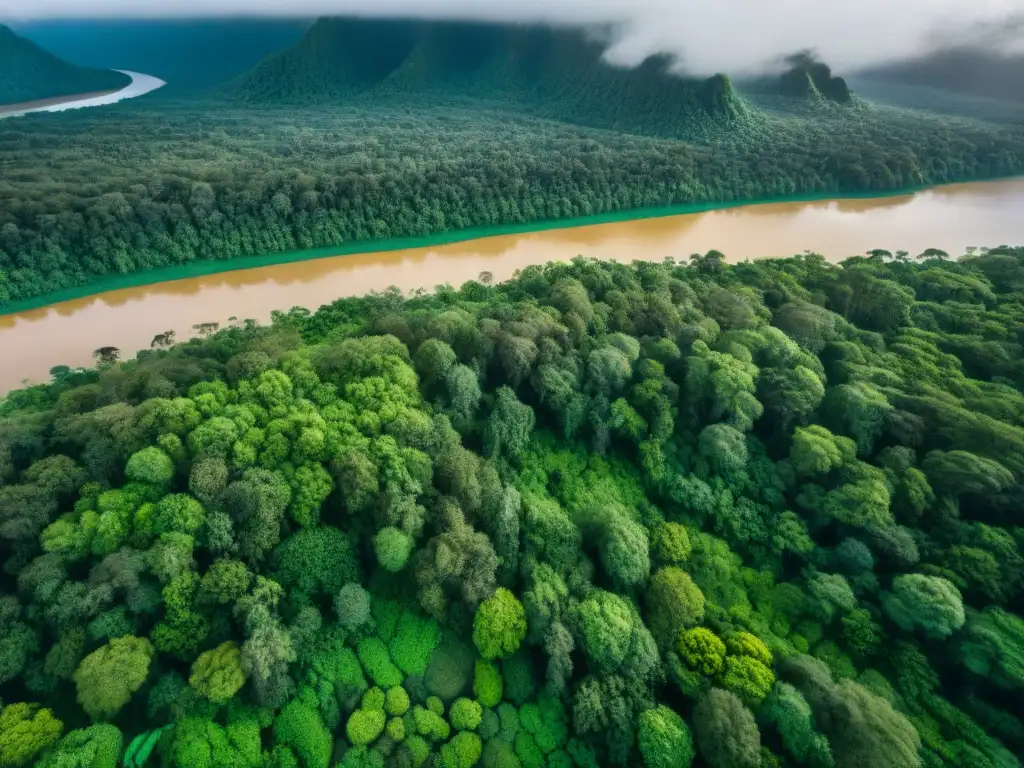 Vista aérea de ríos en selva verde con zonas deforestadas por conflicto de recursos naturales en tierras indígenas