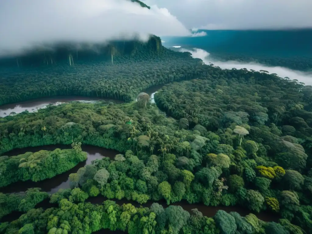 Vista aérea de la selva amazónica con comunidades indígenas y prácticas sostenibles