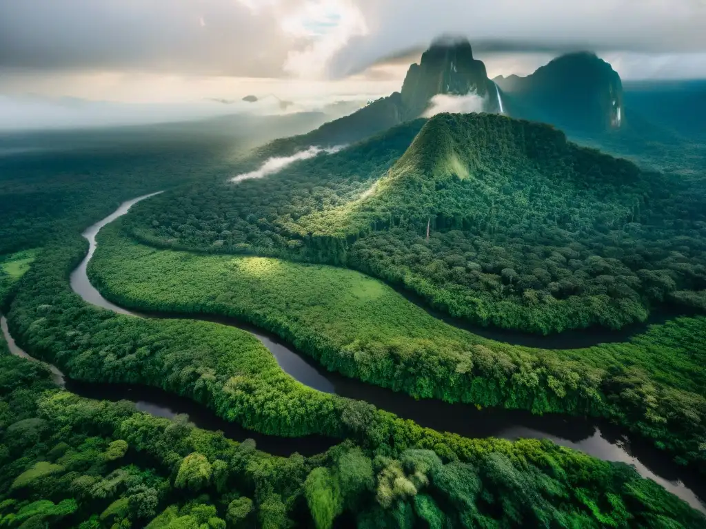 Vista aérea de selva amazónica con río serpenteante, resaltando la belleza y vastedad de tierras indígenas en América