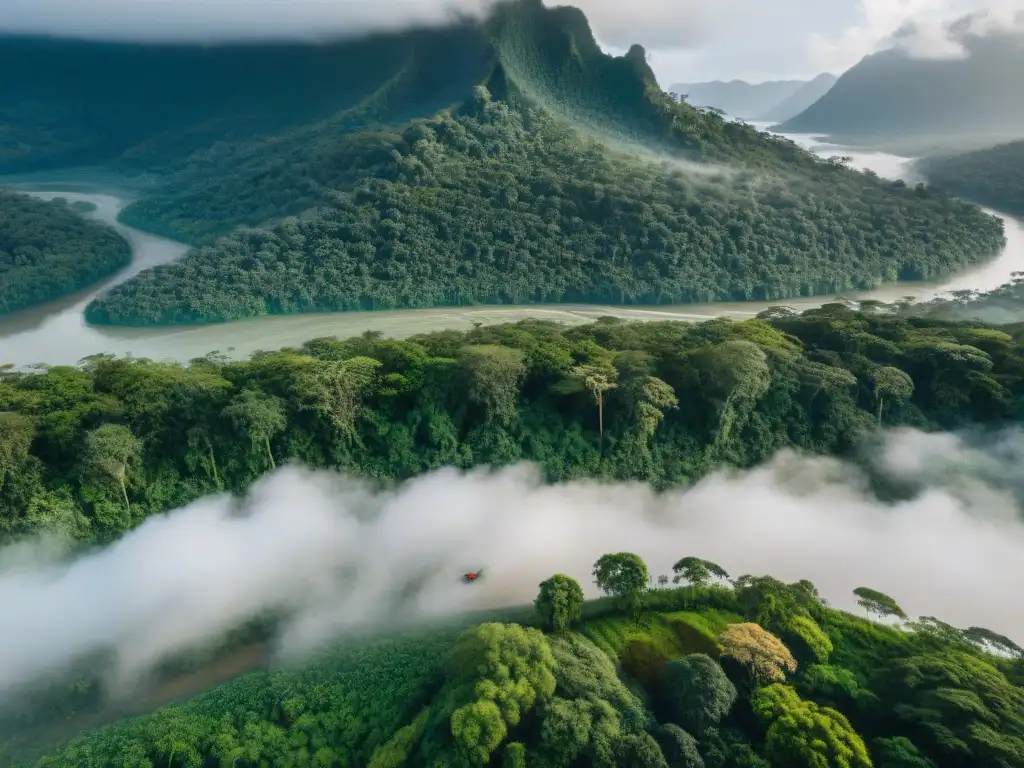 Vista aérea de la selva con río serpenteante y comunidad indígena