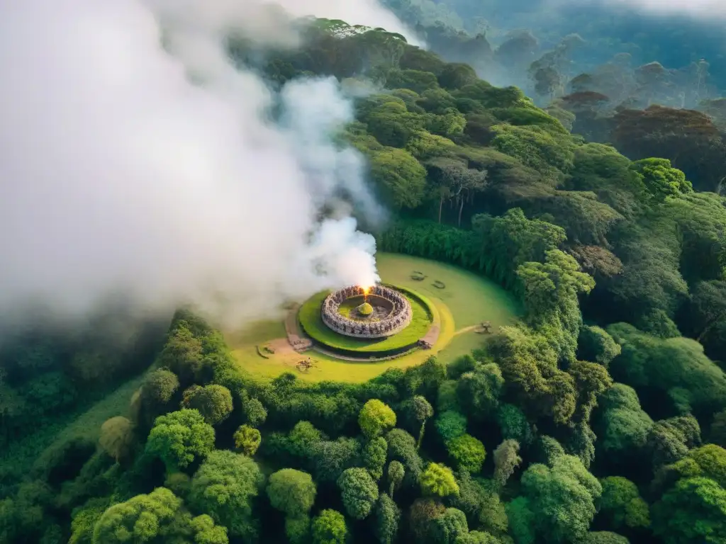 Vista aérea de sitio sagrado indígena en bosque verde, protegido por drones