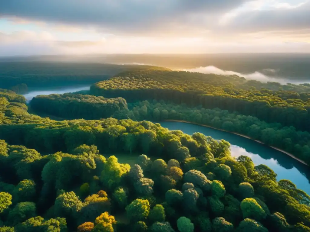 Vista aérea de sitio sagrado indígena en selva exuberante con estructuras de piedra y río sereno, iluminado por luz dorada