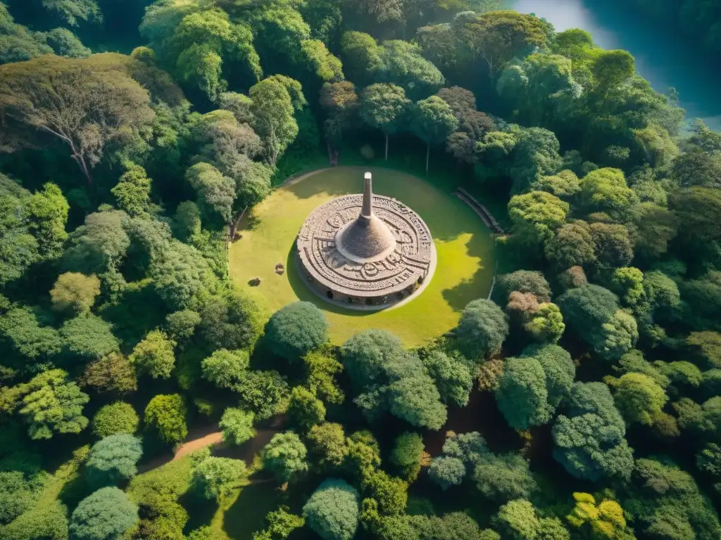 Vista aérea de sitio sagrado indígena en bosque vibrante, destacando conexión espiritual con naturaleza