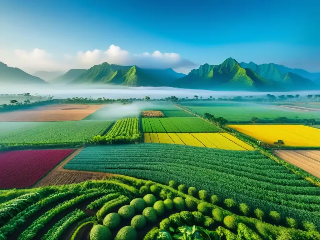 Vista aérea de agricultura sostenible en territorios indígenas: agricultores tradicionales cuidando sus cultivos con respeto