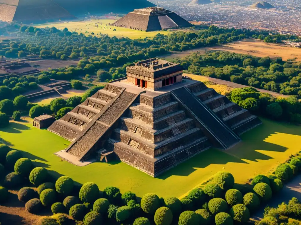 Vista aérea de Teotihuacán, con las Pirámides del Sol y la Luna, murales, ruinas y calles antiguas