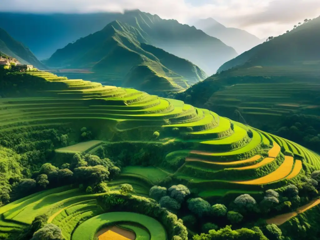 Vista aérea de terrazas agrícolas indígenas en un valle exuberante