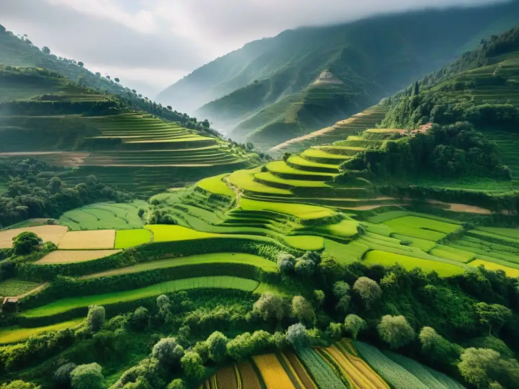 Vista aérea de terrazas agrícolas ancestrales en un valle verde, rodeado de bosques y colinas, reflejando el urbanismo sustentable indígena Américas