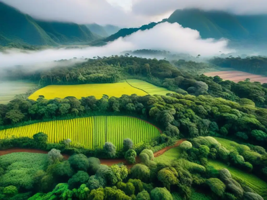 Vista aérea de territorio indígena con campo verde, mercado con comercio justo y comunidad unida